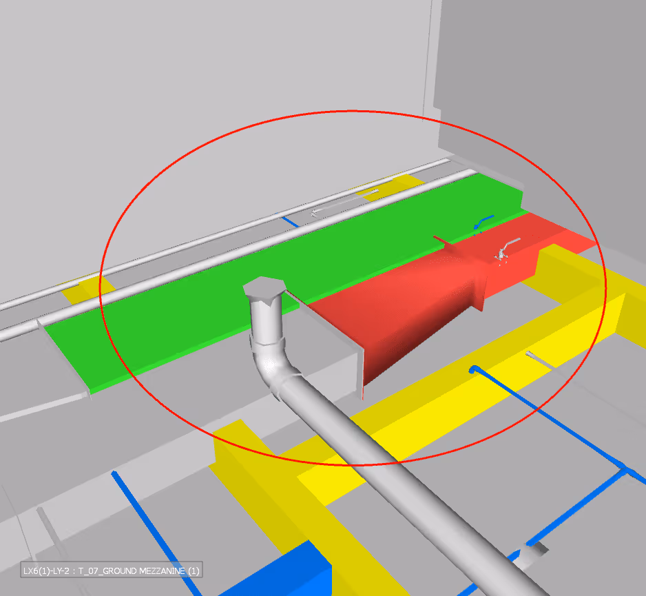 3D model of building ducts and pipes highlighted with red, green, yellow, and blue colors.