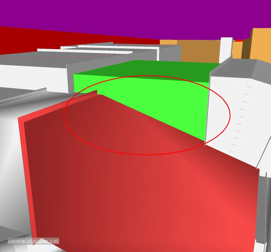 3D model of buildings with a large red building and a green building highlighted by a red circle.