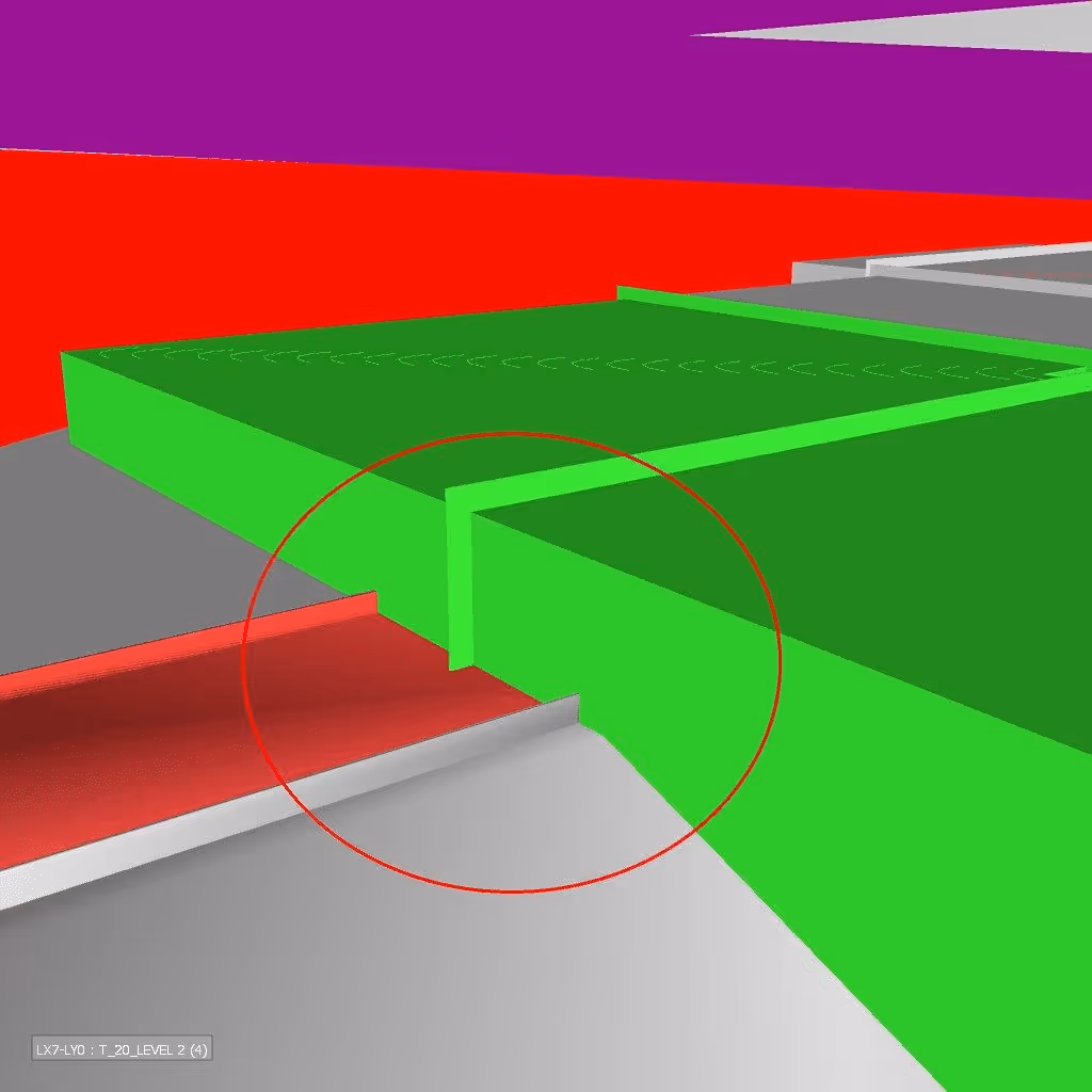 3D model highlighting a corner joint between green and gray structural elements circled in red.