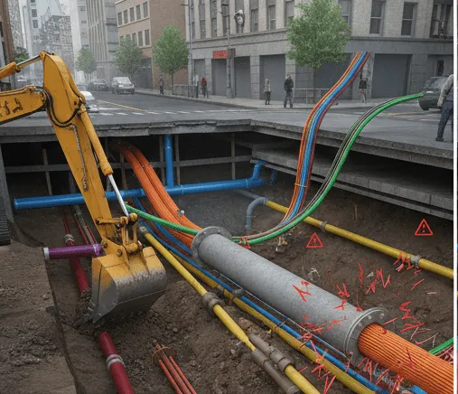 Construction site with excavator and exposed colorful underground utility pipes and cables in a city street.