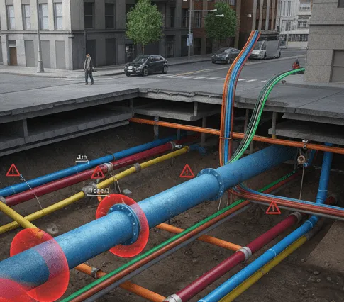 Cross-section of city street showing underground pipes and cables beneath cracked road surface.