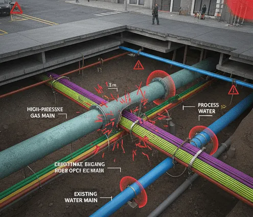 Underground view of intersecting large pipes labeled high-pressure gas, process water, and existing water main.