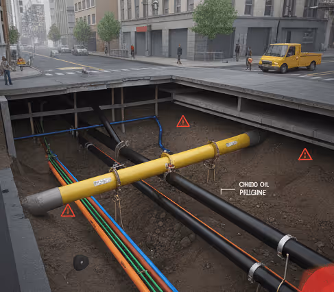 Underground utility pipes and cables at a street excavation site with a yellow pipeline labeled Chino Oil.