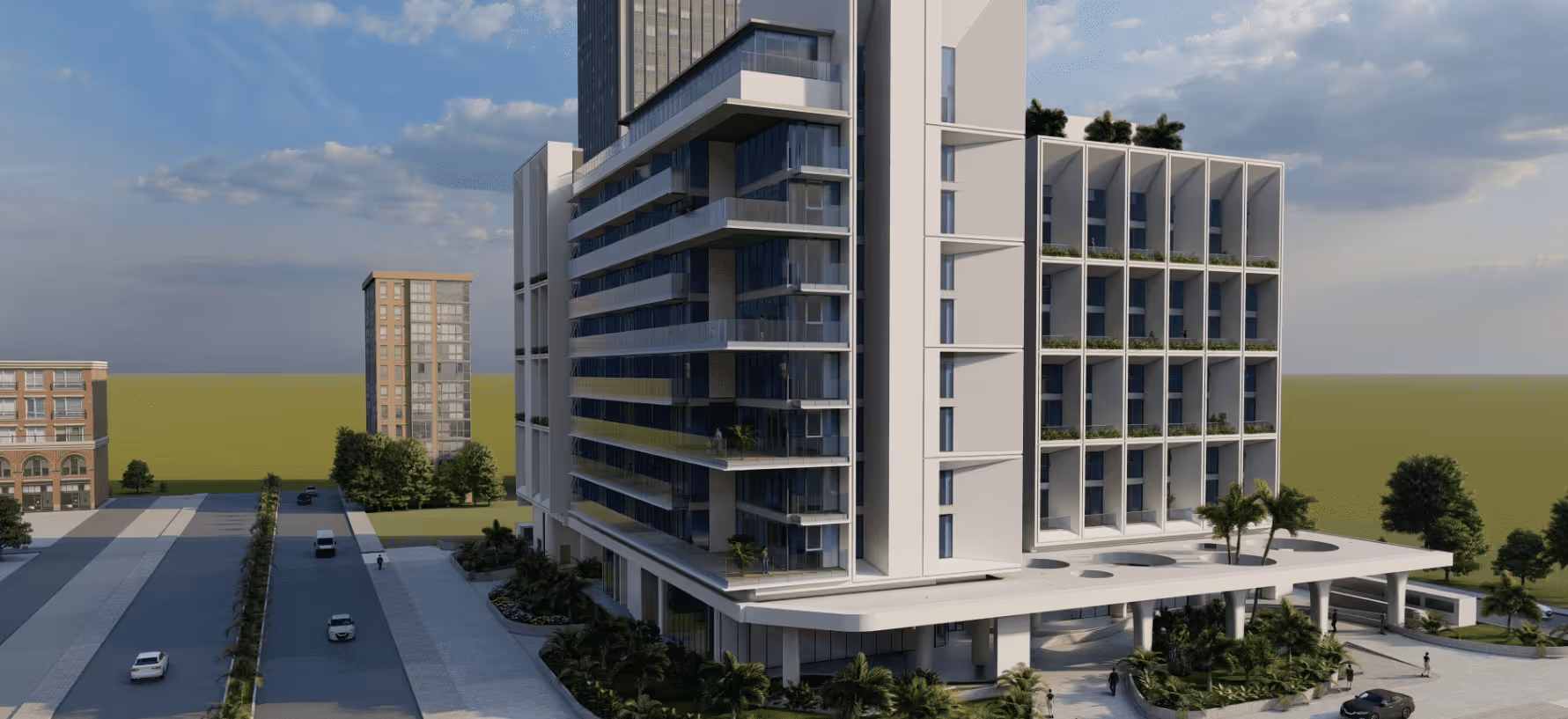 Modern high-rise building with balconies, greenery, and parked cars on a street under a partly cloudy sky.
