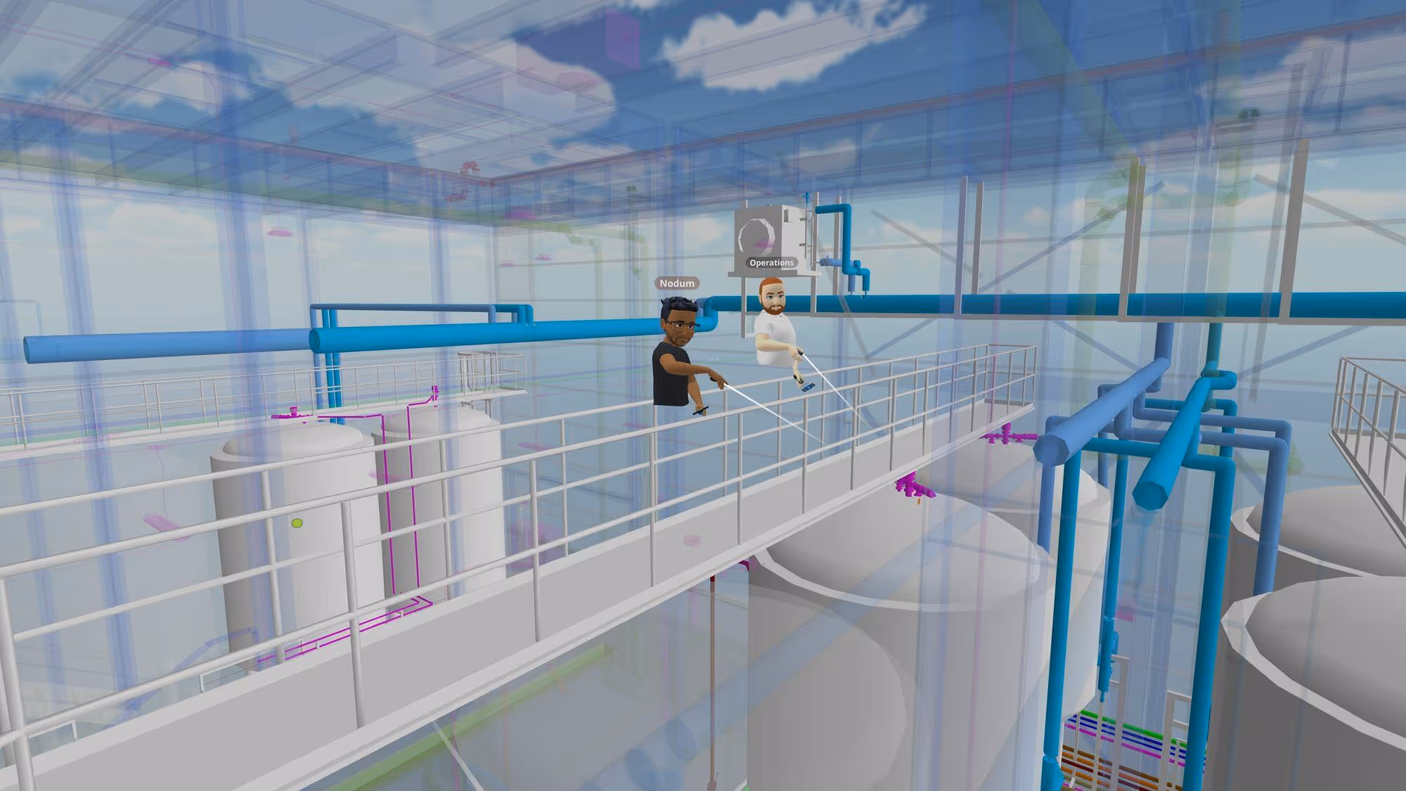 Virtual brewery with two avatars named Nodum and Operations on a catwalk amid large tanks and blue pipes.