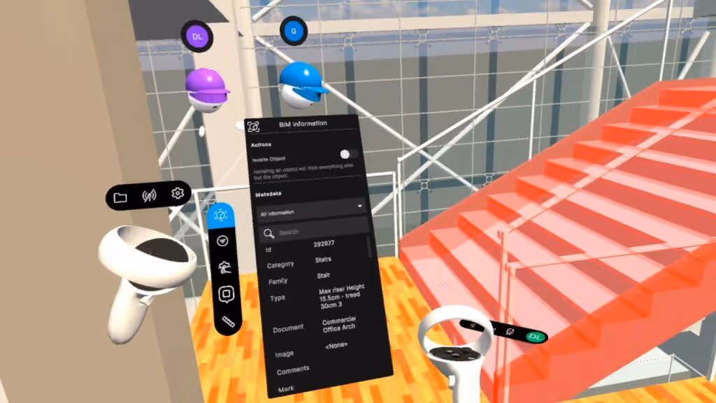VR interface showing BIM info panel with stair details beside virtual controllers in a construction model.