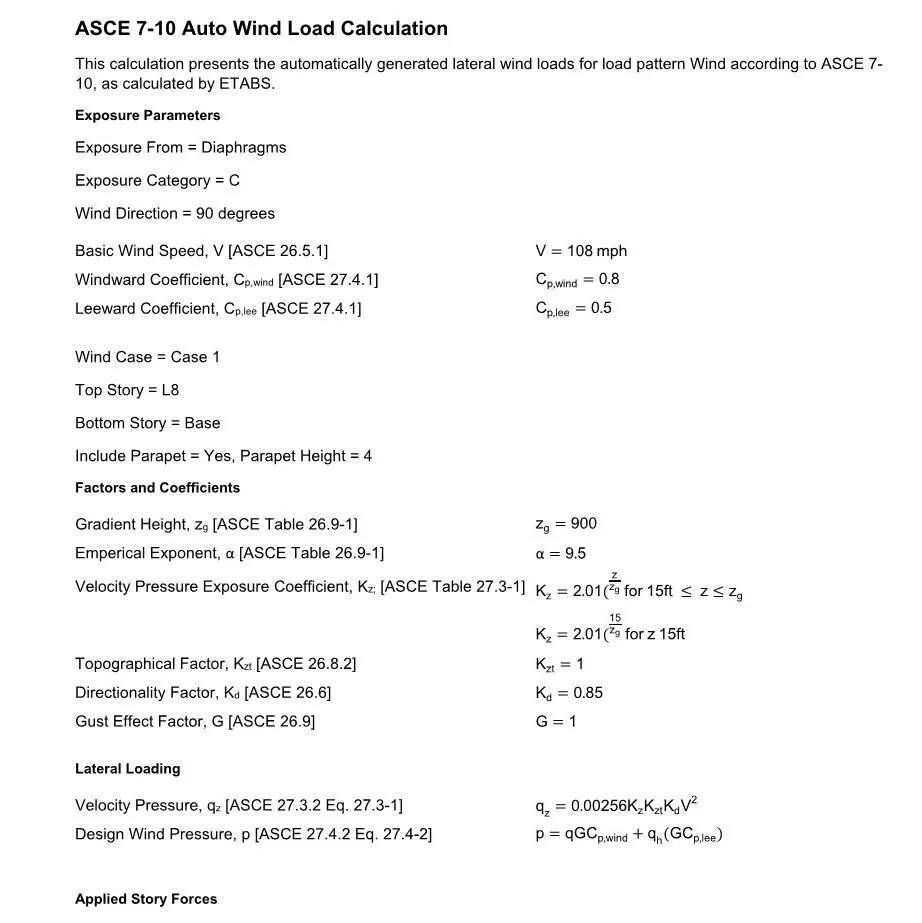 Text of ASCE 7-10 Auto Wind Load Calculation with exposure parameters, factors, and lateral loading details.