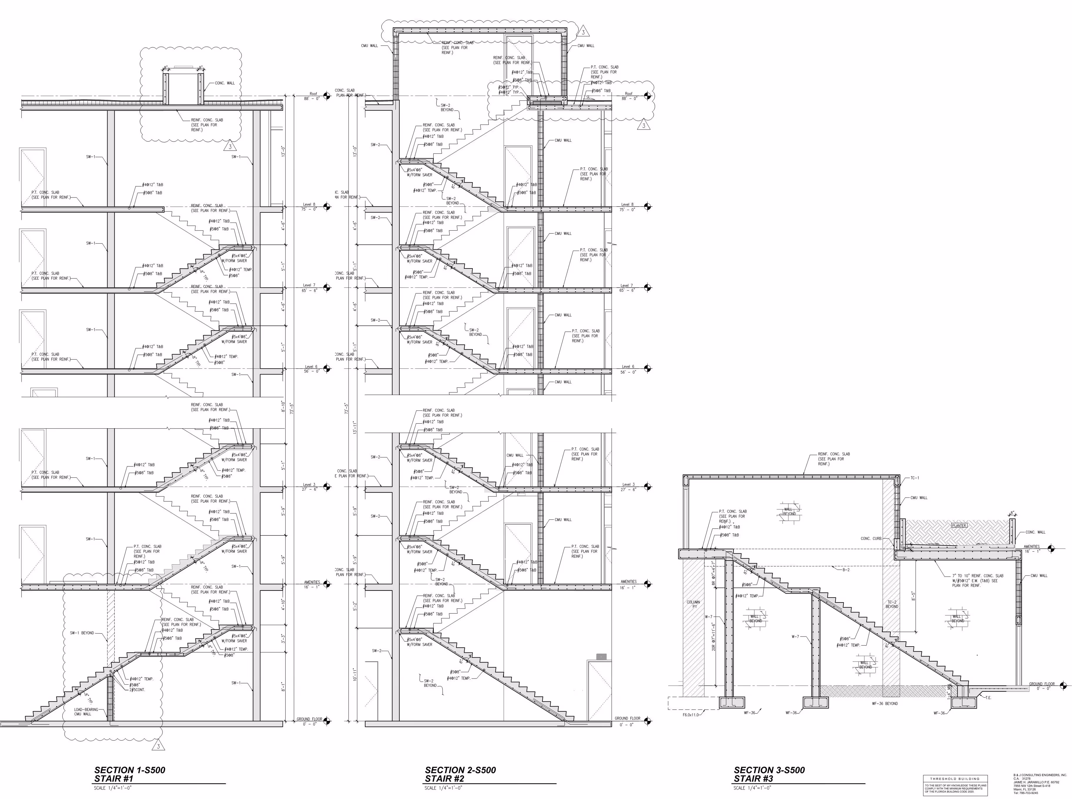Architectural stairway section drawings with detailed notes for three staircases in a building design.