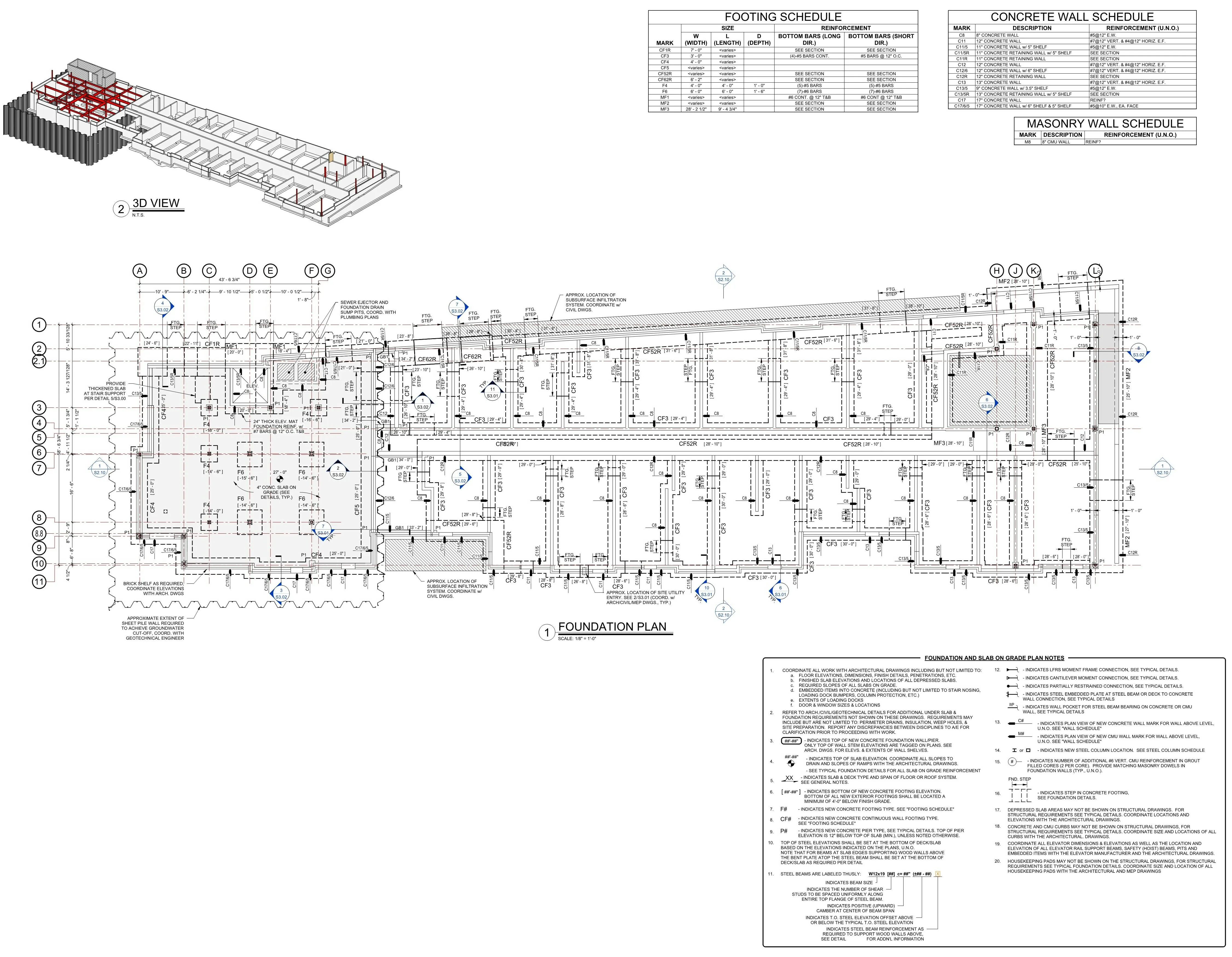 Architectural foundation plan and 3D view with schedules and construction notes for footings and walls.