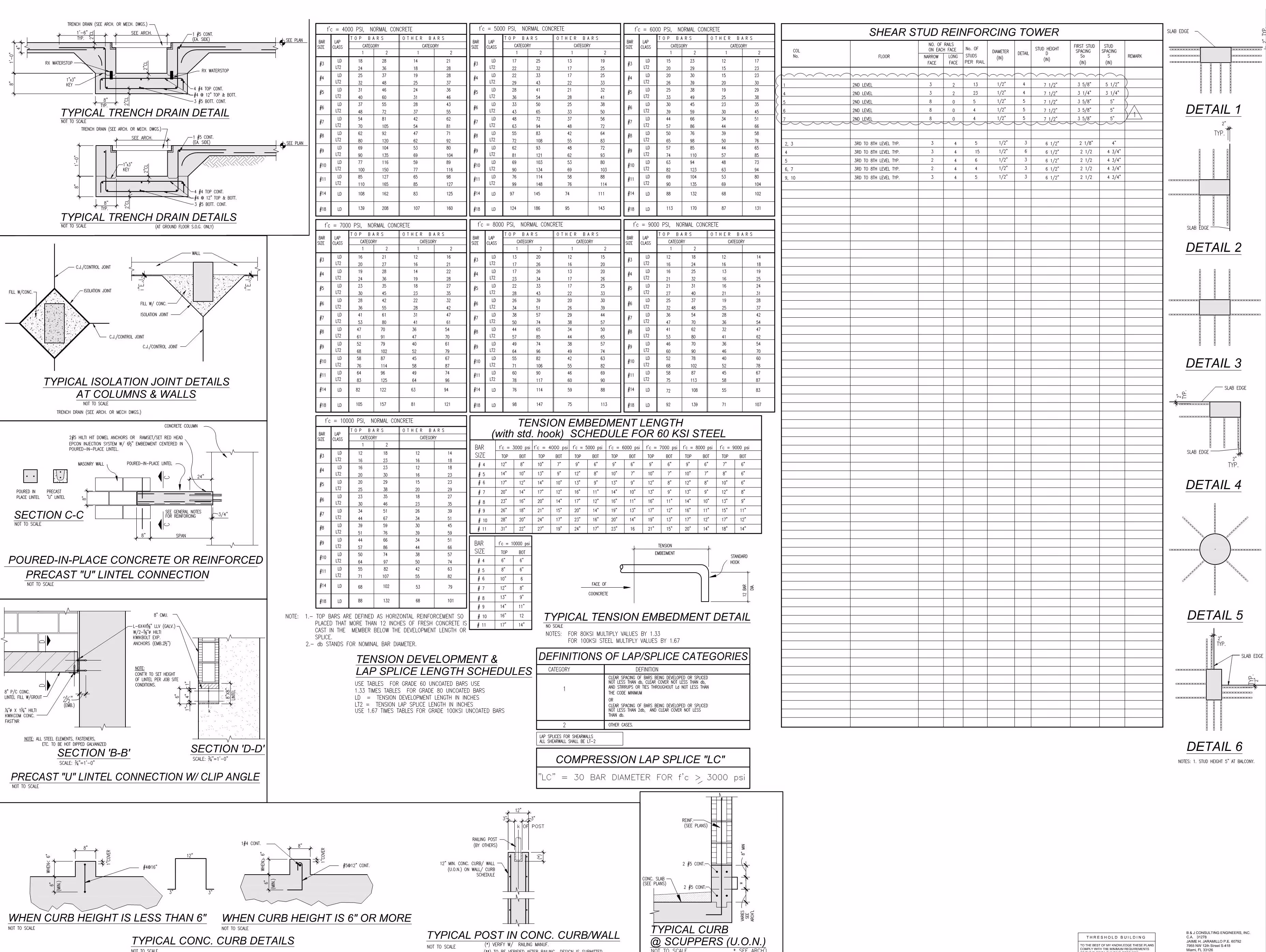 Engineering sheet with concrete joint, drain, curb, tension embedment, and shear stud reinforcing details.