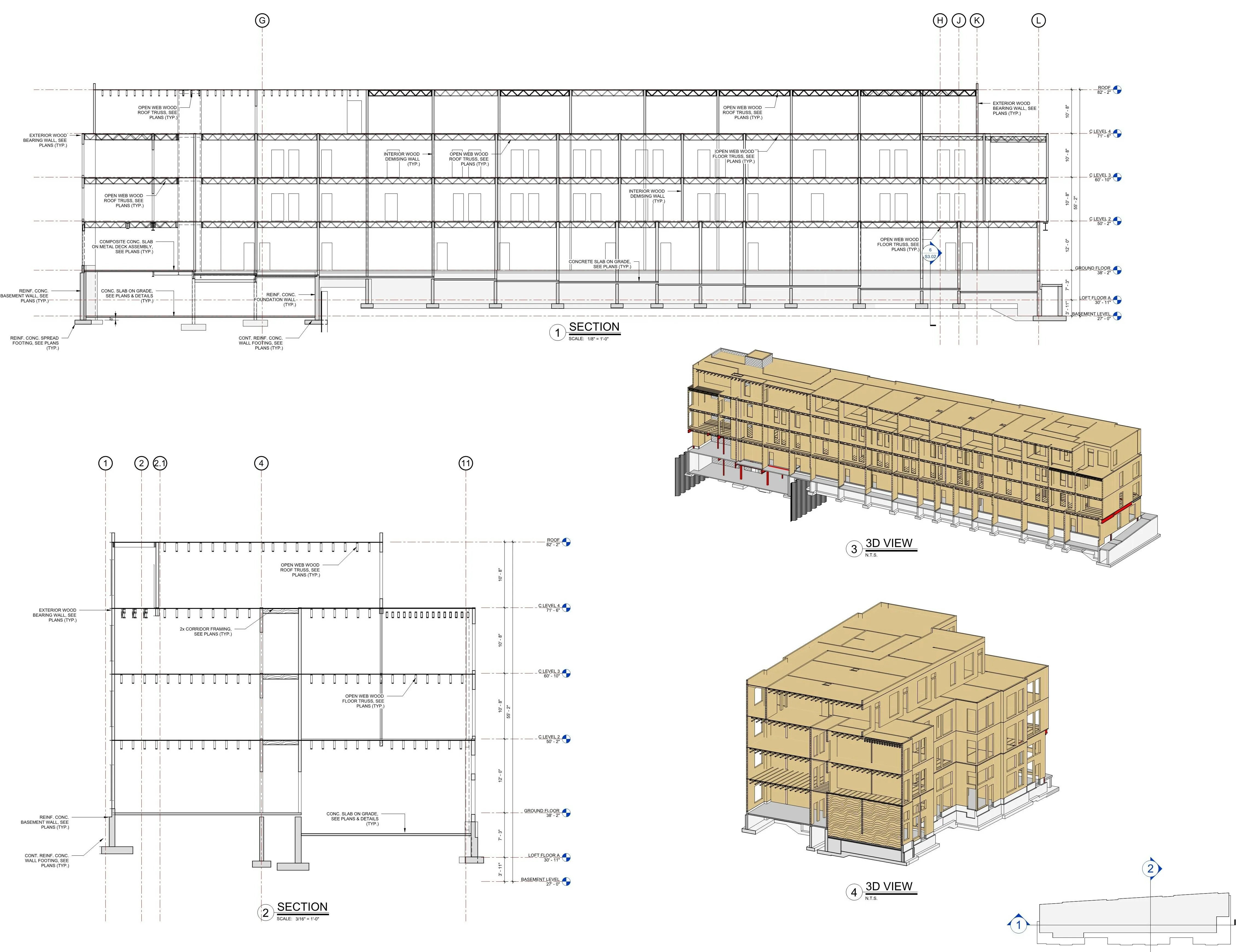 Architectural drawing showing building sections and two 3D rendered views of a multi-level structure.