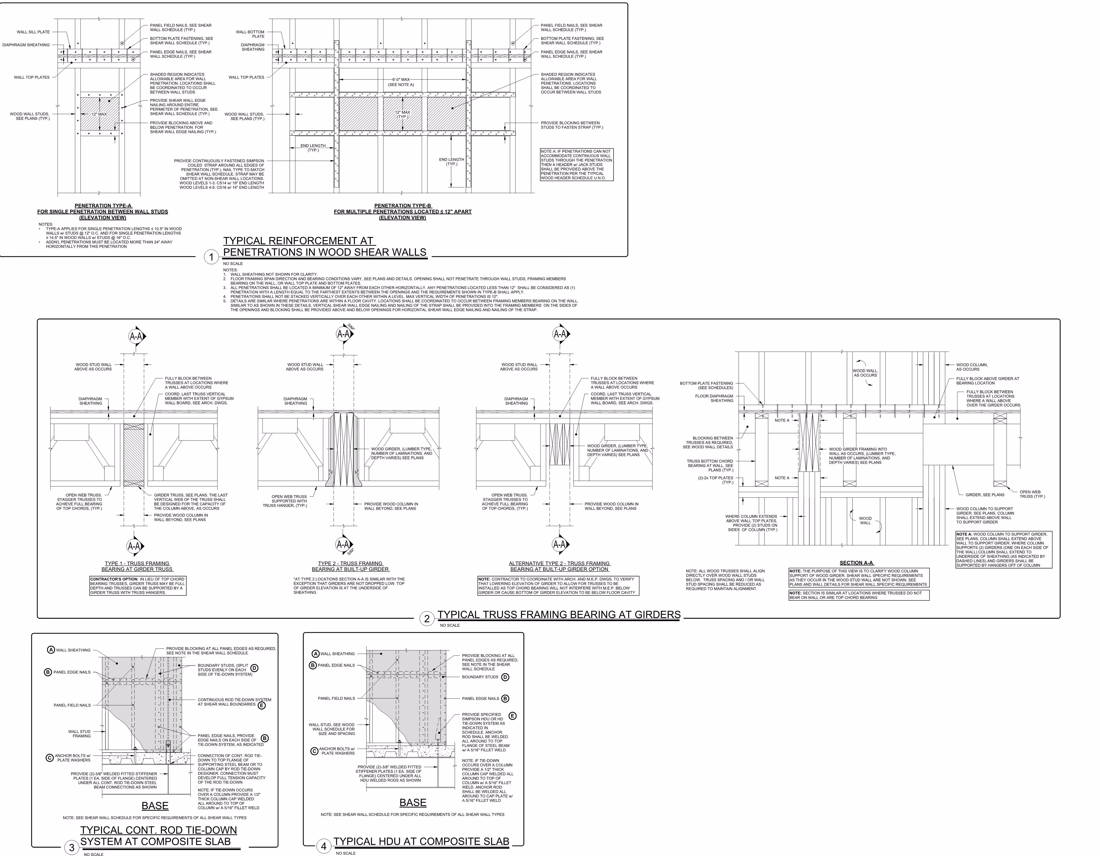 Technical drawings showing wood shear wall penetrations, truss framing at girders, and tie-down systems.