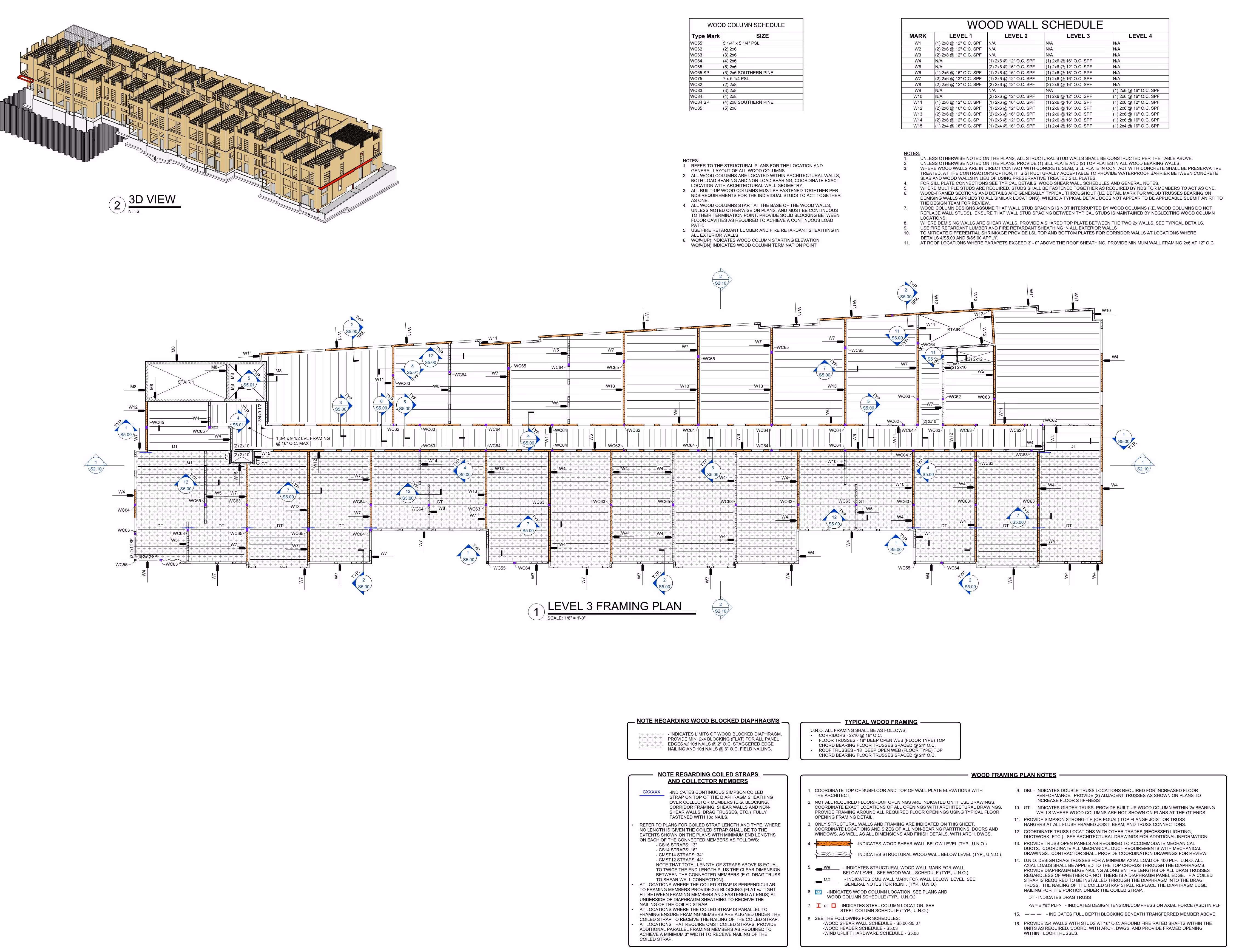 Architectural level 3 framing plan with 3D wood framing view and wood column and wall schedules.
