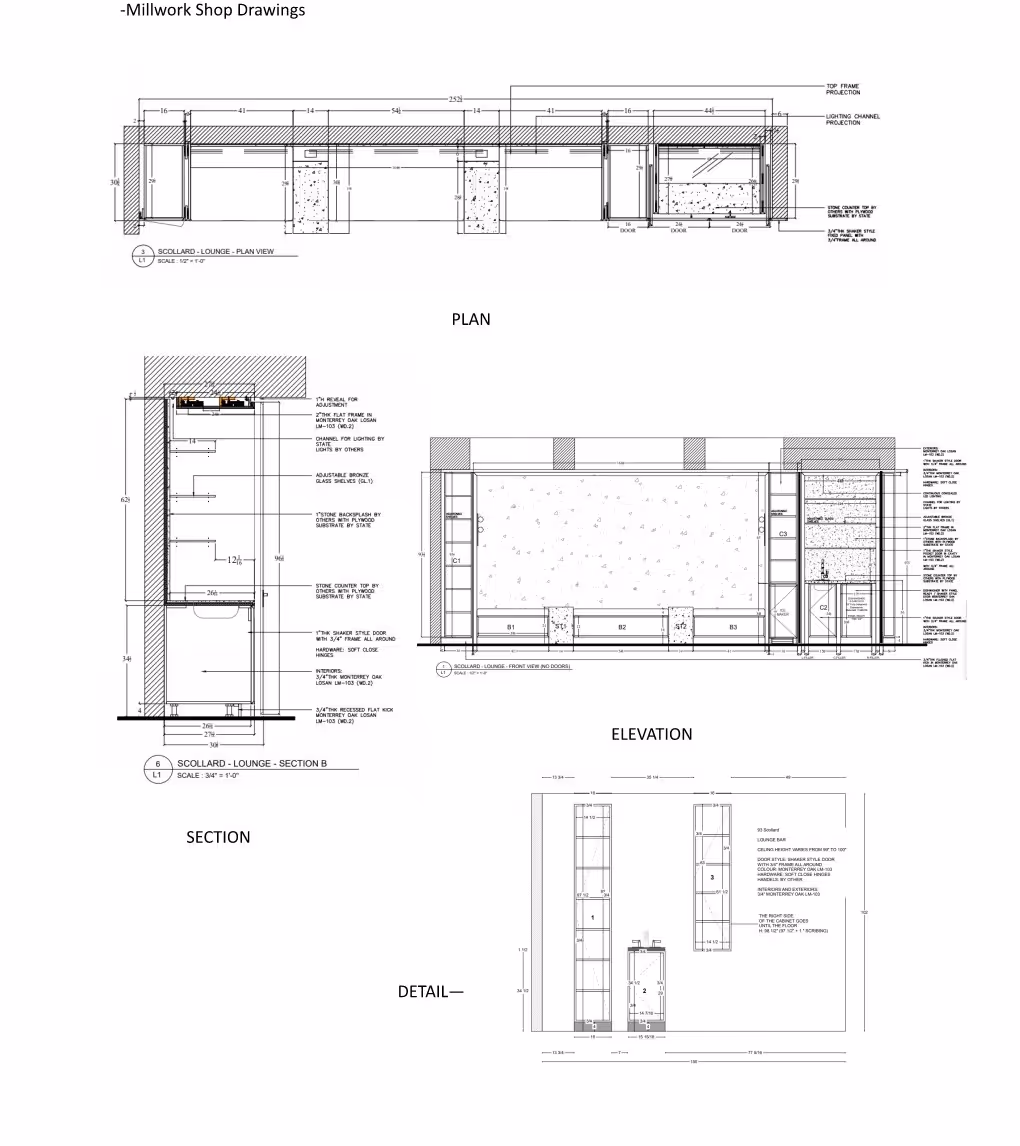 Technical shop drawings of millwork, showing plan, elevation, section, and detail views with measurements.