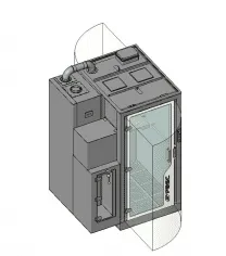 Gray server rack with glass door and visible internal components.