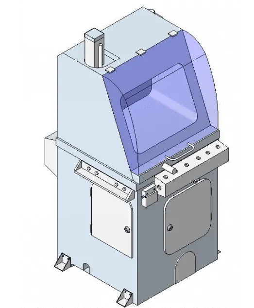 Compact industrial machine with a blue transparent upper cover and control panel with buttons and handle.