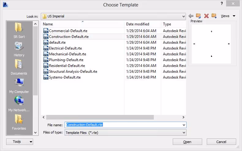 File dialog window listing Autodesk Revit template files with Construction-Default.rte selected.