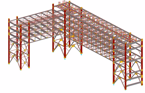 3D model of a large steel framework structure with multiple interconnected beams and supports.