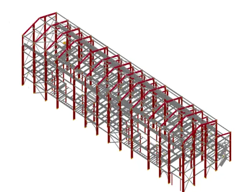 3D model of a large steel frame structure with red vertical supports and gray beams.