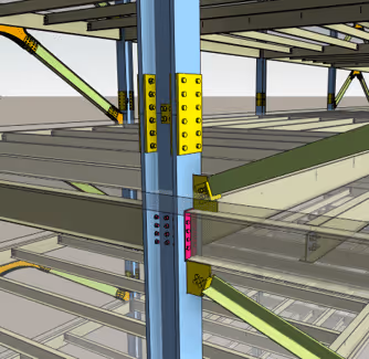 3D model of steel structural beams and connections with yellow and pink plates on blue columns.