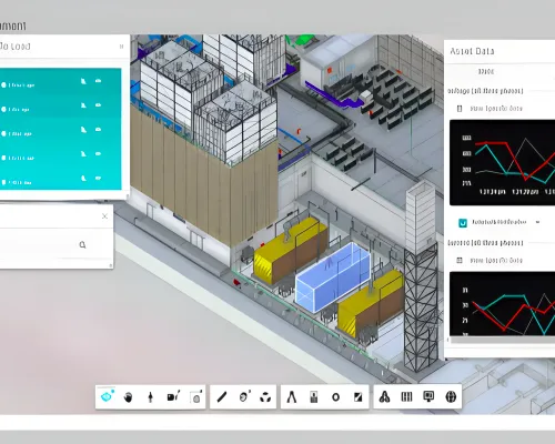 3D building model with panels showing asset data charts and a search box in a maintenance software interface.