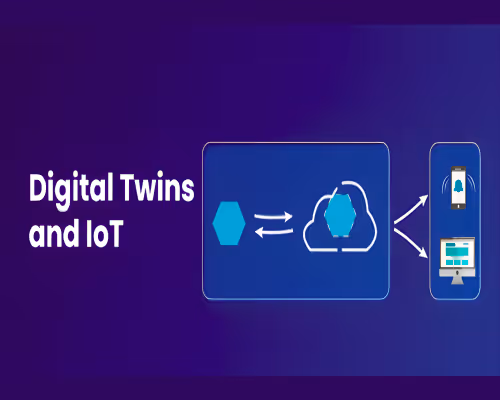 Diagram showing Digital Twins and IoT integration with cloud and device icons on a blue background.