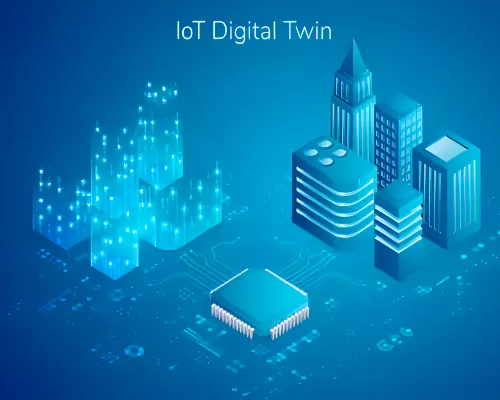 Digital twin concept showing a microchip connected to digital and real 3D city buildings.