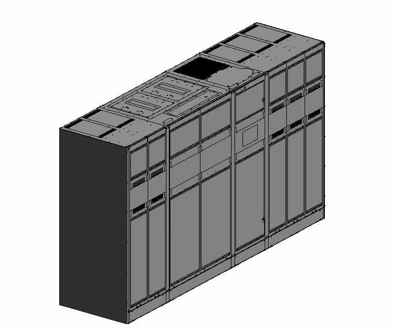 Gray metal industrial electrical cabinet with multiple panels and ventilation slots.