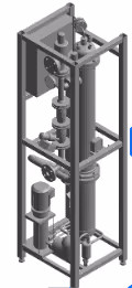 Gray industrial vertical structure with valves, pipes, and an electric motor in a metal frame.