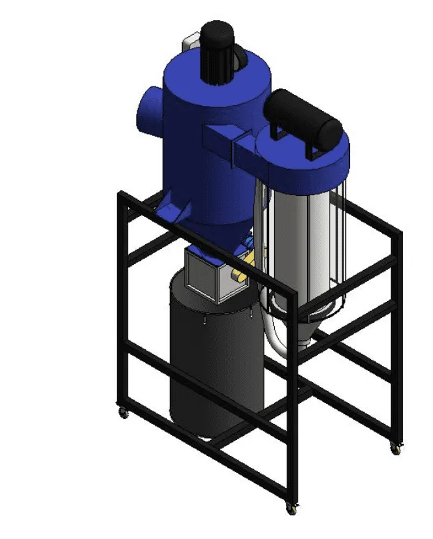 Blue and black industrial dust collector machine with cylindrical components on a wheeled frame.