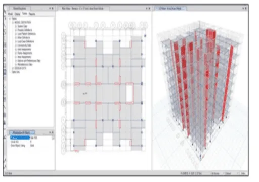 Computer software interface showing a building floor plan and 3D structure with highlighted red columns.