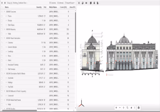Building design software interface showing architectural elevations and material quantities list.