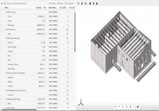 3D architectural model of a building with exposed beams next to a materials quantity list in a software interface.