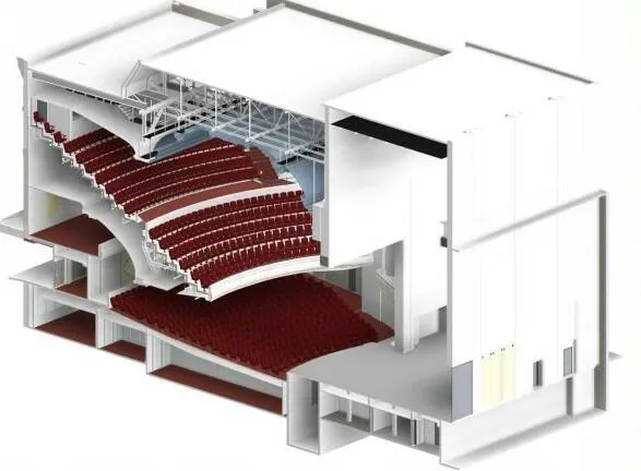 3D cutaway model showing multiple levels of auditorium seating in a theater building.