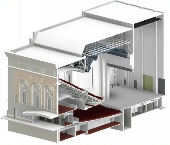 3D cutaway view of a theater showing stage, seating, balconies, and backstage area.