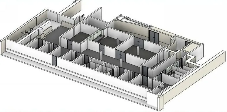 3D architectural floor plan showing multiple rooms and walls in a building layout.