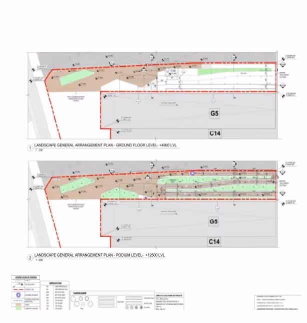 Two architectural plans showing landscape arrangement at ground floor and podium levels with marked zones and annotations.