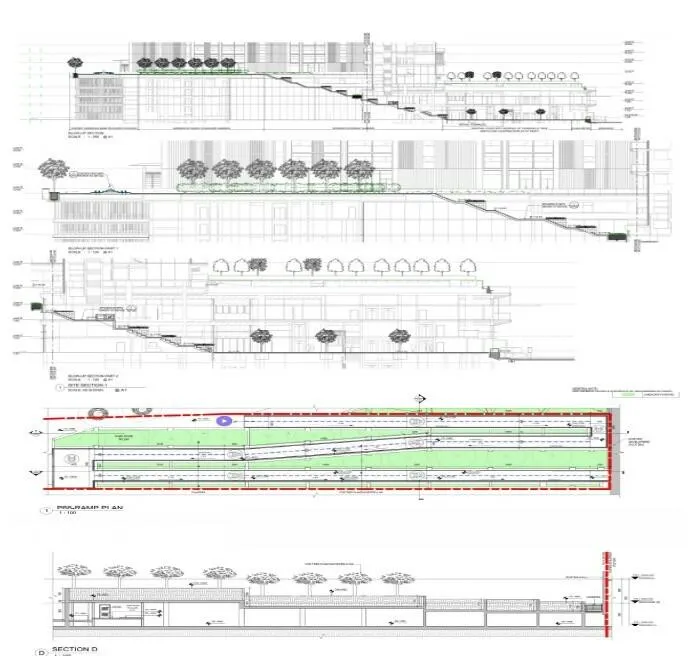 Architectural blueprint of a building with multiple sections, floor plans, and tree landscaping details.