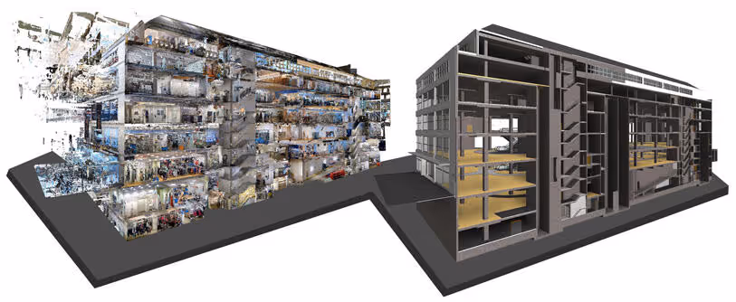 3D digital model of a large building with transparent cut sections showing interior floors and rooms.