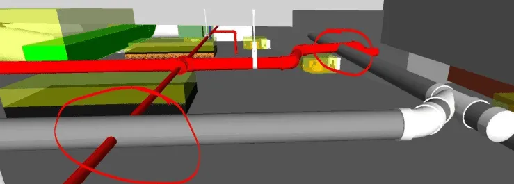 3D model of pipes with two red circles highlighting pipe connections and joints.