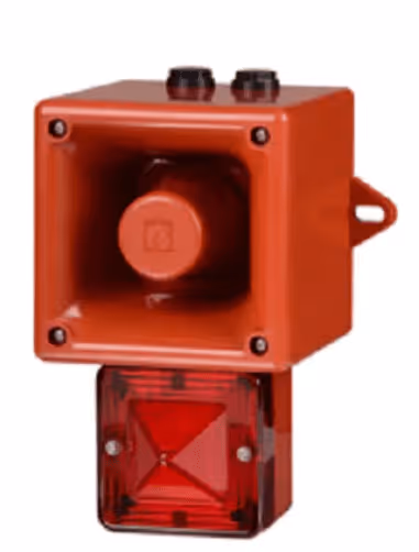 Red square alarm siren with a red light indicator below it.