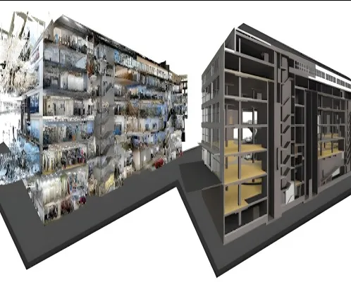 Side-by-side view comparing detailed photo scan and 3D architectural model of a multi-story building.
