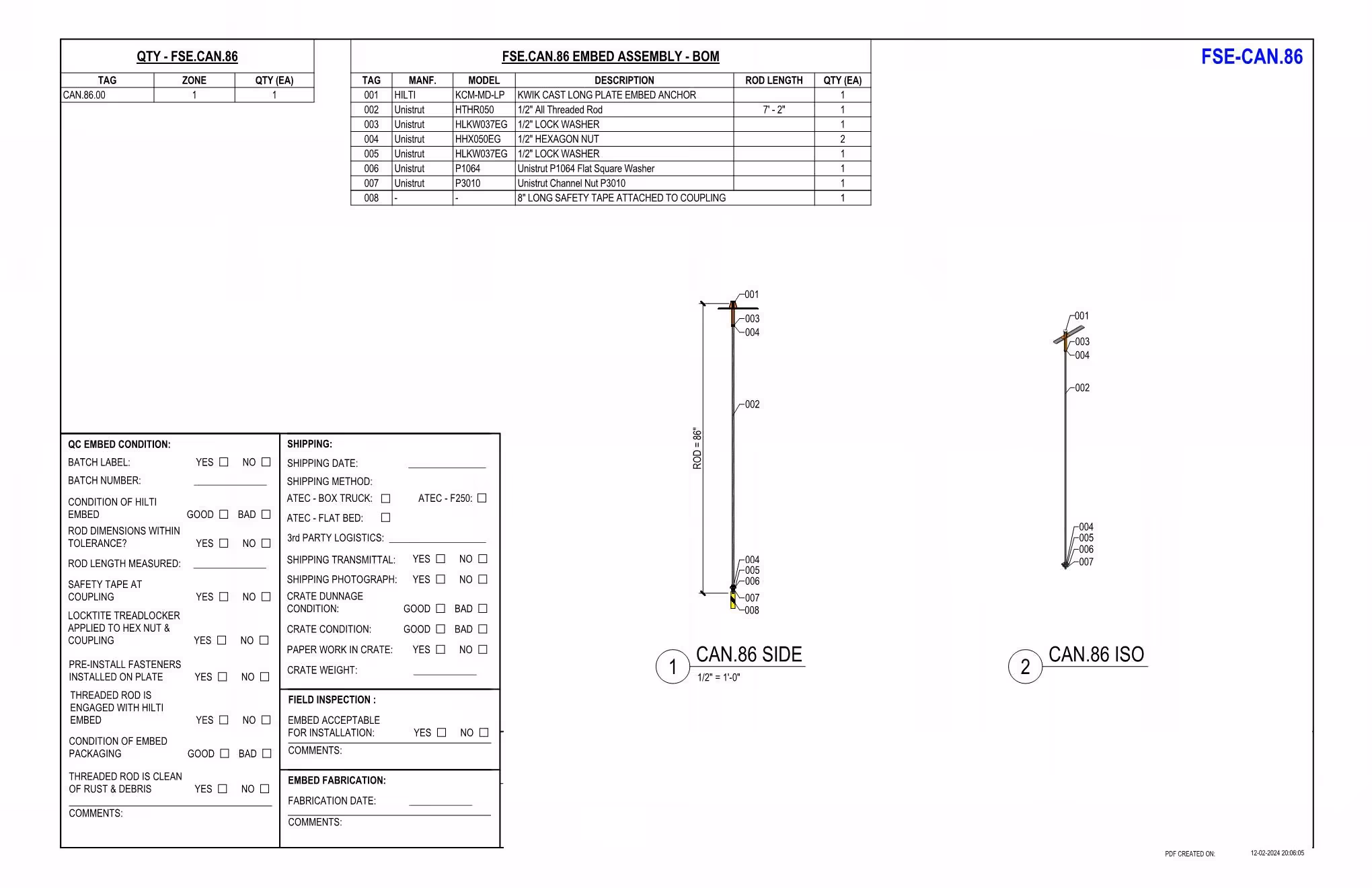 Technical drawing showing FSE.CAN.86 embed assembly with parts list, side and isometric views, and QC checklist.