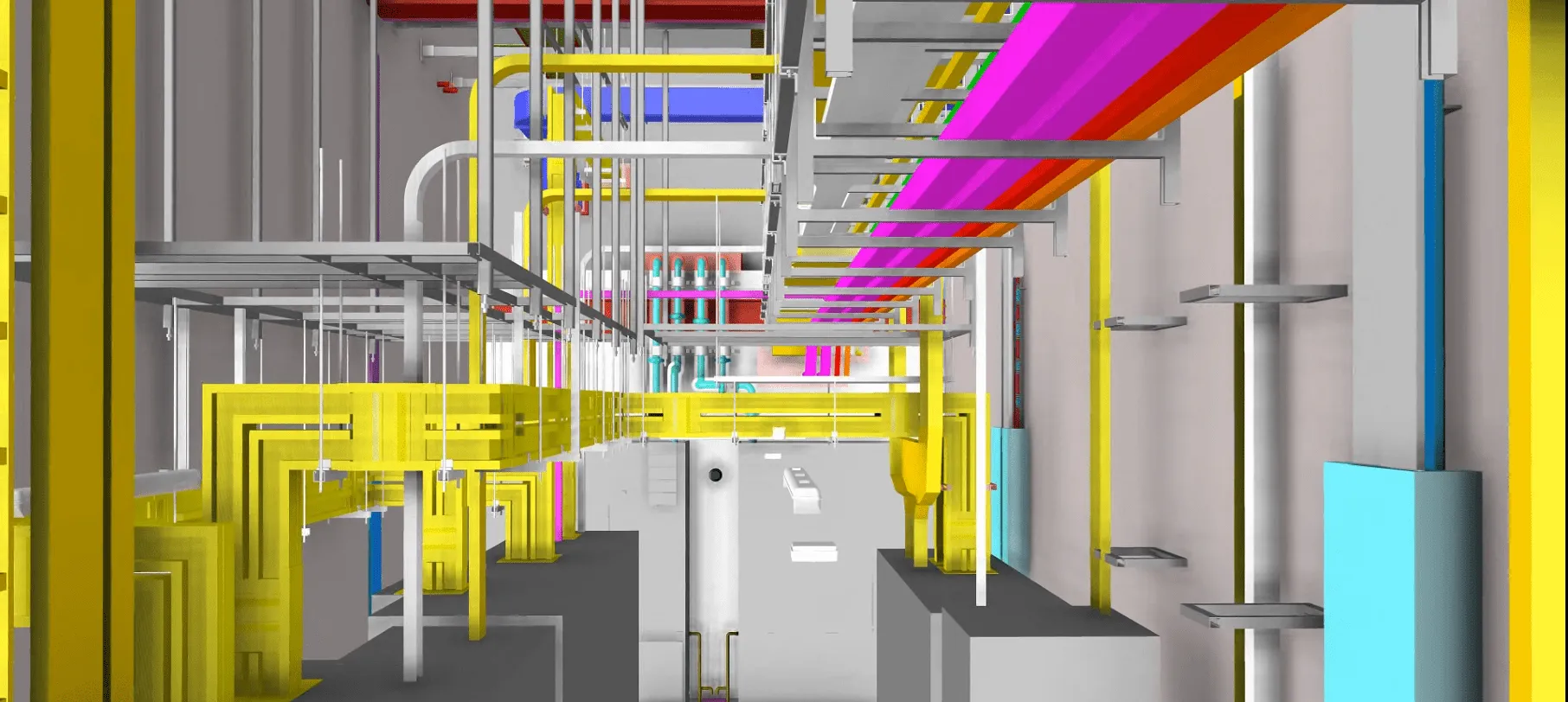 3D model of industrial pipes and ducts in yellow, pink, blue, and orange inside a building.