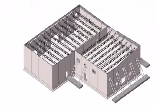 3D model of an industrial building with roof trusses and support structures visible inside.