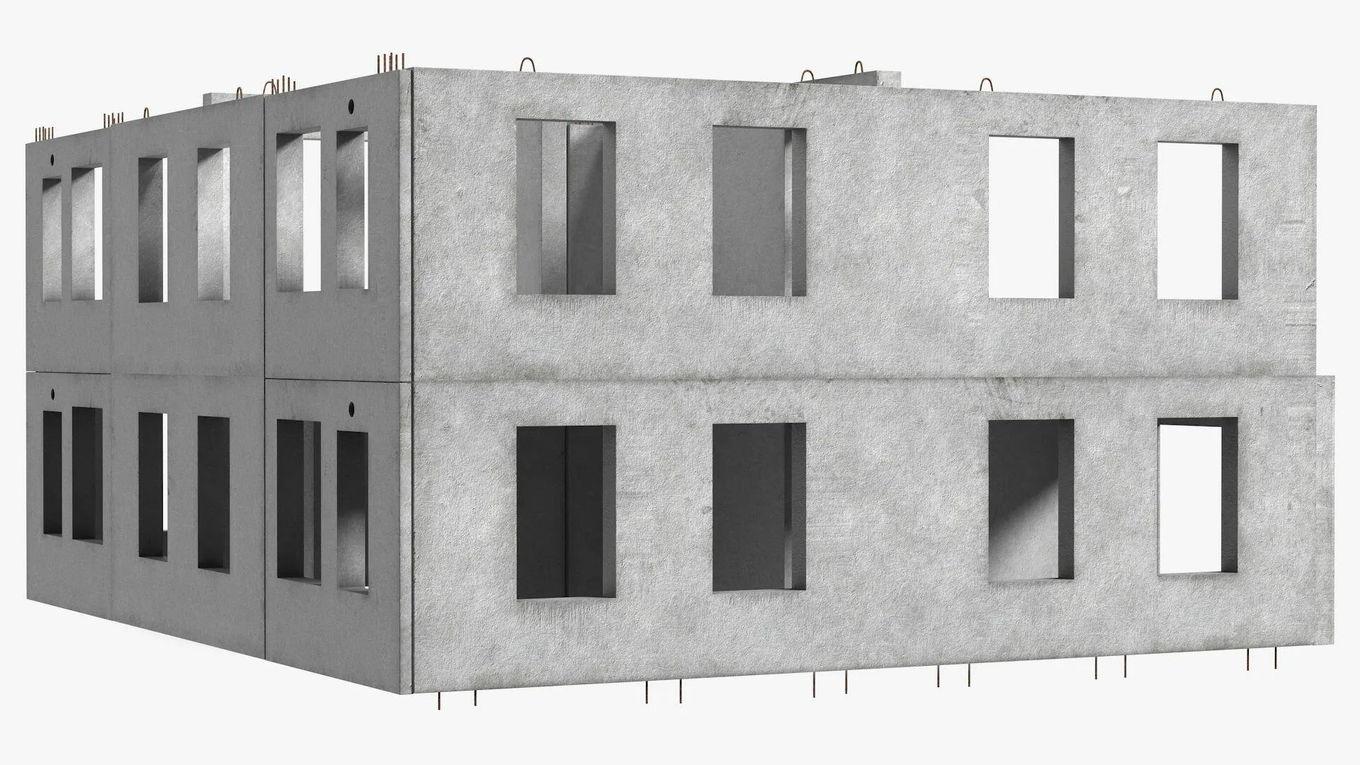 Two-story unfinished concrete building frame with multiple window openings and exposed rebar.
