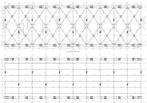 Architectural blueprint showing grid layout and structural design with measurements and symbols.
