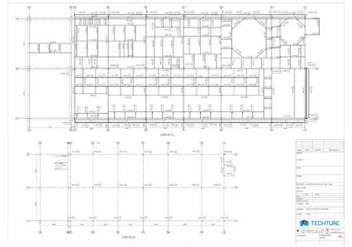 Architectural blueprint floor plan with detailed room layouts, measurements, and structural grid lines.