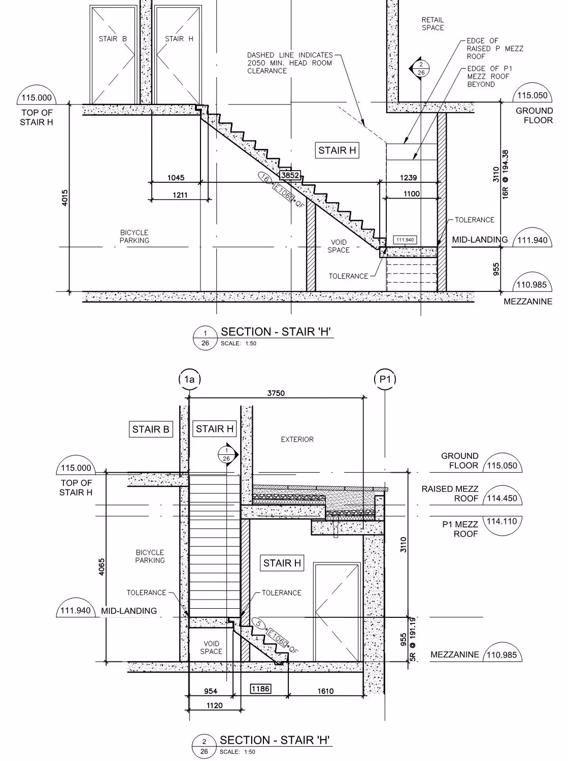 Architectural cross-section drawings of Stair H and Stair B showing dimensions and mezzanine levels.