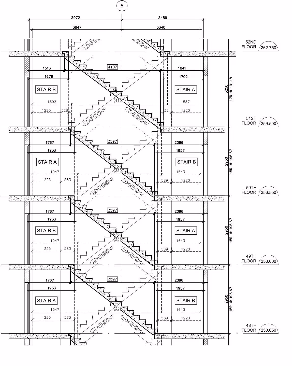 Architectural stairwell section drawing showing floors 48 to 52 with labeled stairs and measurements.